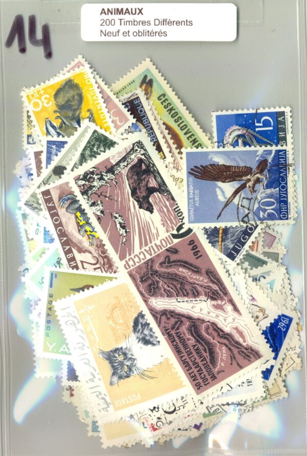200 TIMBRES ANIMAUX DIFFERENTS NEUF ET OBLITERES *14