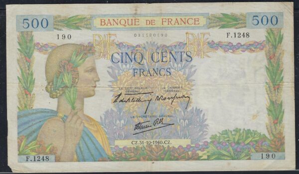 FRANCE 500 FRANCS LA PAIX 31-10-1940 F.1248 TB