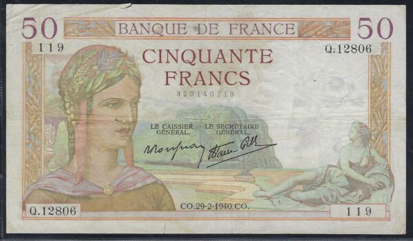 FRANCE 50 FRANCS CERES 29-2-1940 Q.12806 TB+