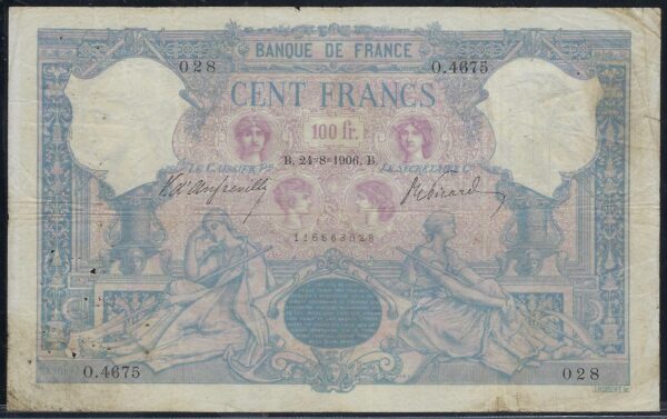 FRANCE 100 FRANCS BLEU ET ROSE 24-8-1906 O.4675 TB