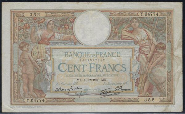 FRANCE 100 FRANCS MERSON SANS LOM 16-2-1939 Y.64774 TB+