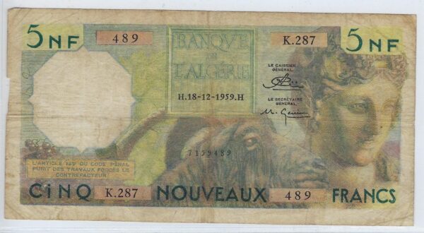 ALGERIE 5 NOUVEAUX FRANCS 18-12-1959 K.287 TB+