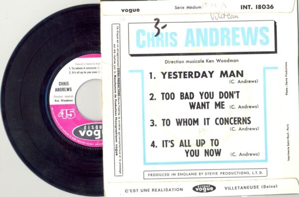 45 Tours CHRIS ANDREWS "YESTERDAY MAN" / "TO WHOM IT CONCERNS"