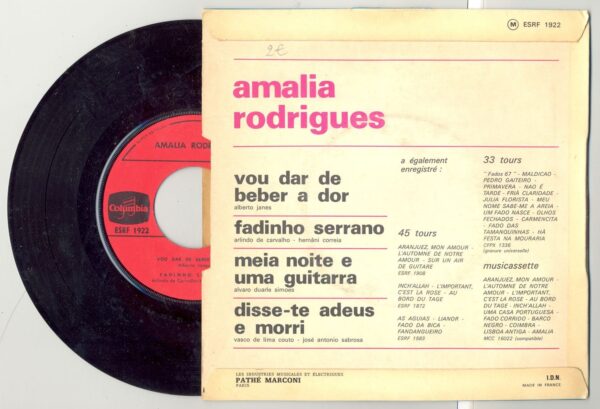 45 Tours AMALIA RODRIGUES "MEIA NOITE E UMA GUITARRA" / "VOU DAR DE BEBER A DOR"