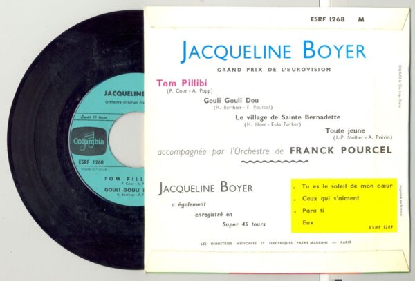45 Tours JACQUELINE BOYER EUROVISION 1960 "LE VILLAGE DE SAINTE BERNADETTE" / "TOM PILLIBI"