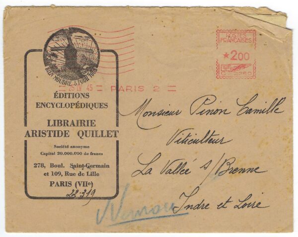 LETTRE FRANCE 2 FRANCS 25 04 1945 PARIS 2