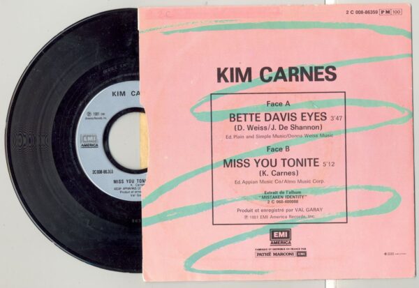 45 Tours KIM CARNES "BETTE DAVIS EYES" / "MISS YOU TONITE"