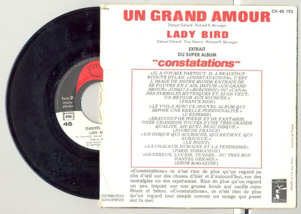 45 Tours DANYEL GERARD "UN GRANG AMOUR" / "LADY BIRD"