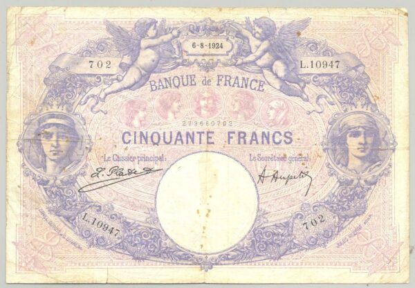 FRANCE 50 FRANCS BLEU ET ROSE SERIE L.10947 06-08-1924 TB+