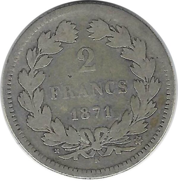 FRANCE 2 FRANCS CERES SANS LEGENDE 1871 K (Bordeaux) TB