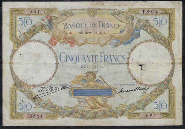 FRANCE 50 FRANCS L.O. MERSON 10-9-1931 T.8924 TB+