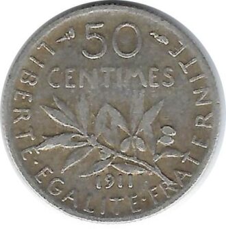 FRANCE 50 CENTIMES ROTY 1911 TTB-