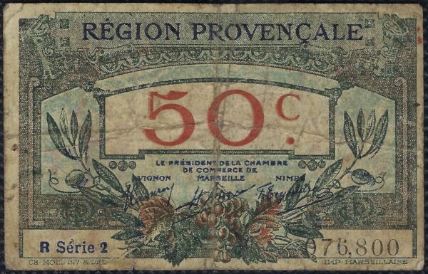 BILLET DE NECESSITE - REGION PROVENCALE 50 CENTIMES 31-12-1922 R SERIE 2 TTB-