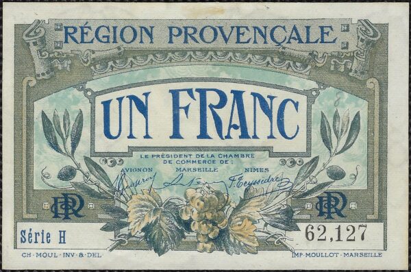BILLET DE NECESSITE - REGION PROVENCALE 1 FRANC 31-12-1922 SERIE H TTB