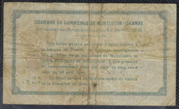 BILLET DE NECESSITE - 03 ALLIER CHAMBRE DE COMMERCE DE MONTLUCON GANNAT 2 FRANCS 28 AVRIL 1916 SERIE C TTB