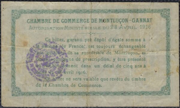 BILLET DE NECESSITE - 03 ALLIER CHAMBRE DE COMMERCE DE MONTLUCON GANNAT 1 FRANC 28 AVRIL 1916 SERIE B TTB