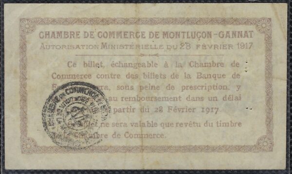 BILLET DE NECESSITE - 03 ALLIER CHAMBRE DE COMMERCE DE MONTLUCON GANNAT 50 CENTIMES 28 FEVRIER 1917 SERIE A TTB
