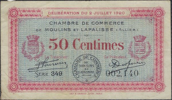 BILLET DE NECESSITE - 03 ALLIER CHAMBRE DE COMMERCE DE MOULINS ET LAPALISSE 50 CENTIMES 10 JANVIER 1925 SERIE 349 TTB