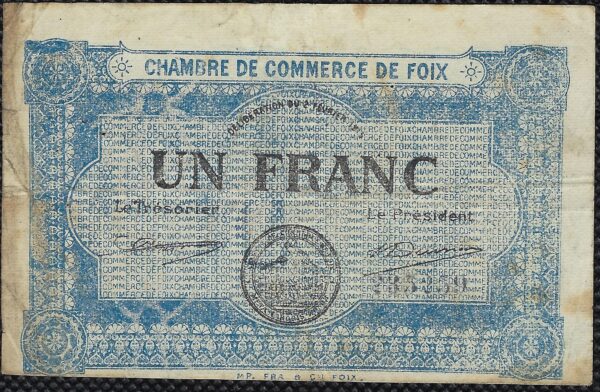 BILLET DE NECESSITE - 09 ARIEGE CHAMBRE DE COMMERCE DE FOIX 1 FRANC 2 FEVRIER 1920 TTB