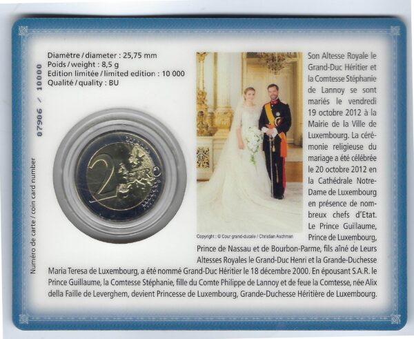 LUXEMBOURG 2012 2 EURO COMMEMORATIVE MARIAGE PRINCIER BU