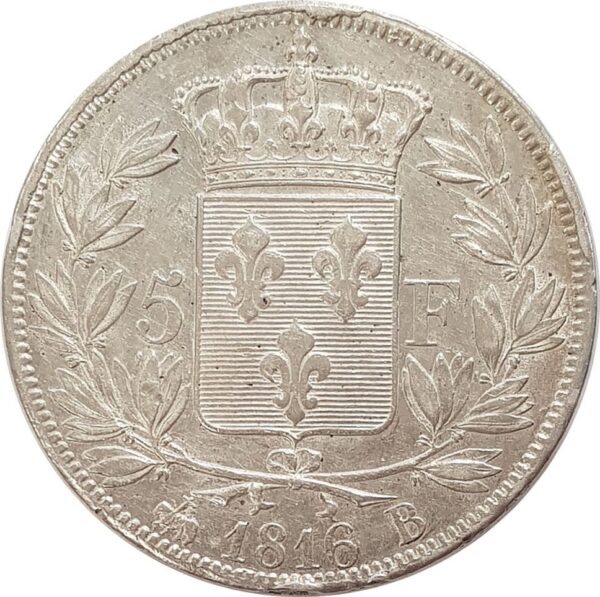 FRANCE 5 FRANCS LOUIS XVIII 1816 B (Rouen) TTB+