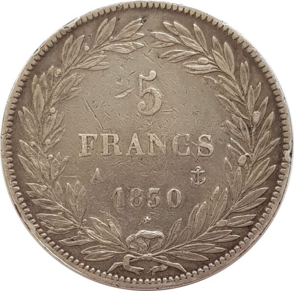 FRANCE 5 FRANCS LOUIS-PHILIPPE sans le I 1830 A TRANCHE EN CREUX TB+