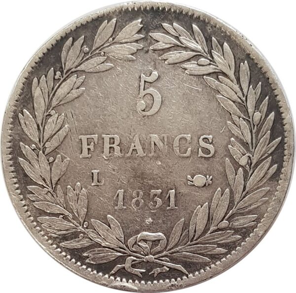 FRANCE 5 FRANCS LOUIS-PHILIPPE I 1831 L (Bayonne) Tranche en creux TB+