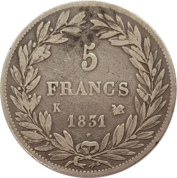 FRANCE 5 FRANCS LOUIS-PHILIPPE I 1831 K (Bordeaux) Tranche en creux TB+