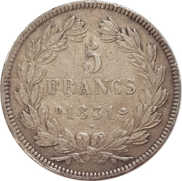 FRANCE 5 FRANCS LOUIS-PHILIPPE I 1831 D (Lyon) TRANCHE EN CREUX TTB