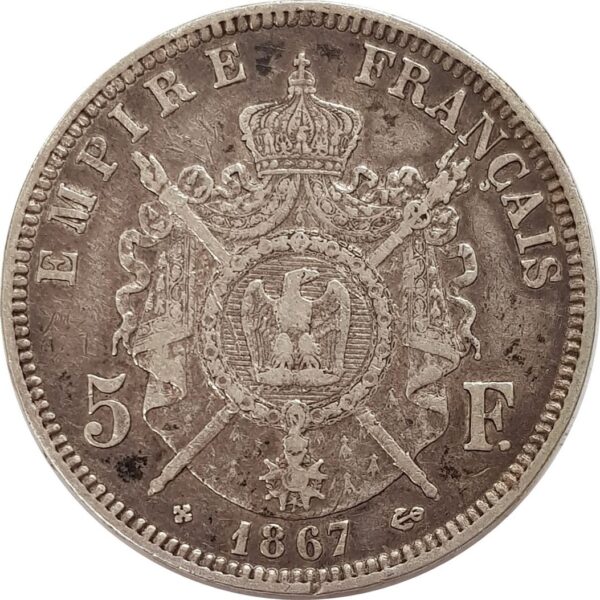 FRANCE 5 FRANCS NAPOLEON III TETE LAUREE 1867 BB (Strasbourg) TB+