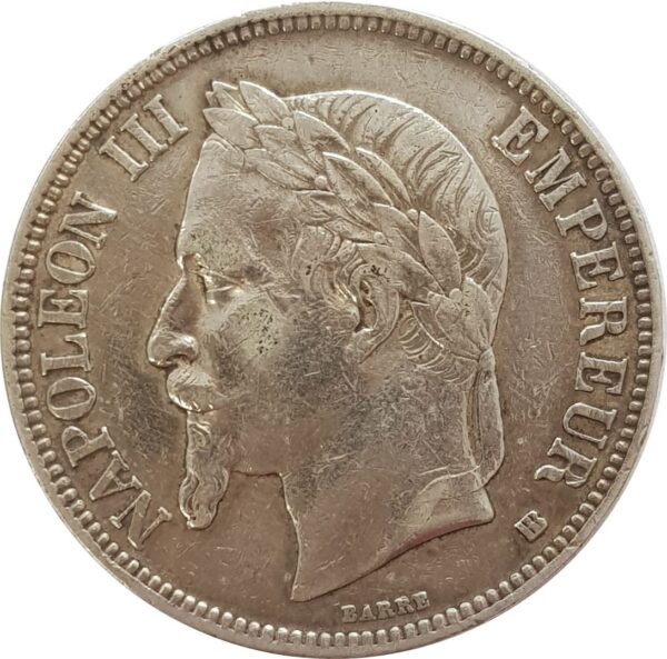 FRANCE 5 FRANCS NAPOLEON III TETE LAUREE 1868 BB (Strasbourg) TTB