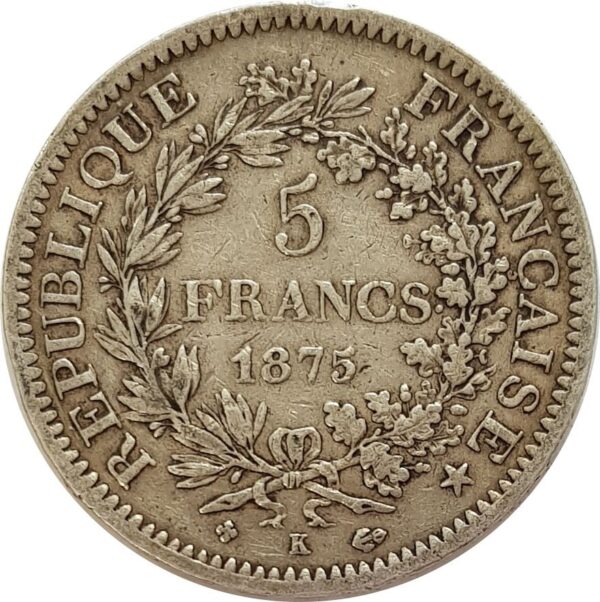 FRANCE 5 FRANCS HERCULE DUPRE 1875 K (Bordeaux) TB+