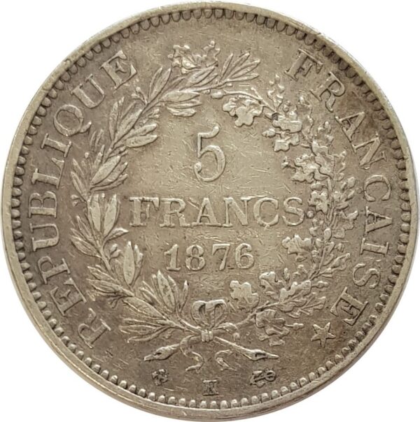 FRANCE 5 FRANCS HERCULE DUPRE 1876 K (Bordeaux) TTB