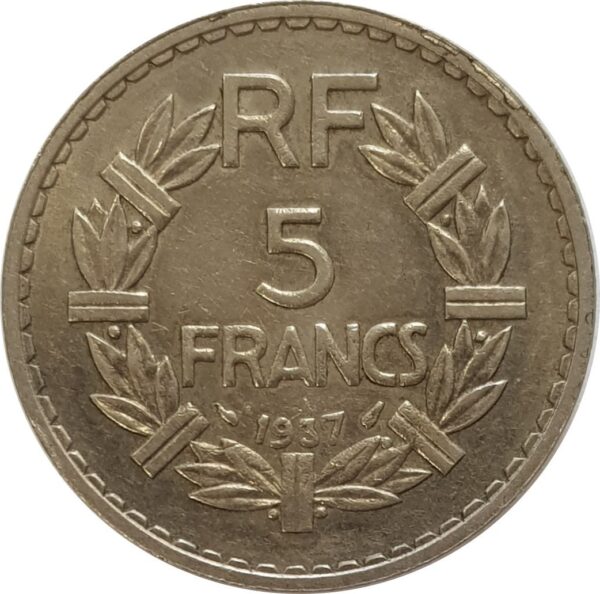 FRANCE 5 FRANCS NICKEL LAVRILLIER 1937 TTB+