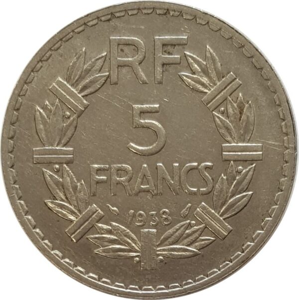 FRANCE 5 FRANCS LAVRILLIER NICKEL 1938 TTB+