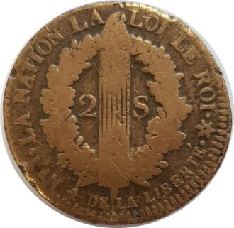 FRANCE LOUIS XVI 2 SOLS FRANÇAIS 1792 BB (Strasbourg) 23gr93 TB-