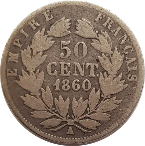 FRANCE 50 CENTIMES NAPOLEON III TETE NUE 1860 A (Paris) TB
