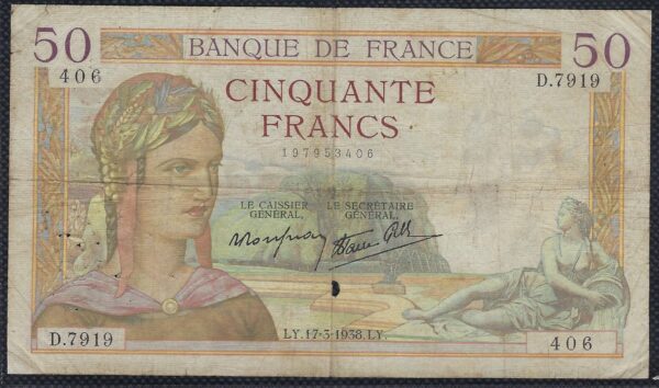 FRANCE 50 FRANCS CERES 17-3-1938 D.7919 TB