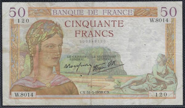 FRANCE 50 FRANCS CERES 31-3-1938 W.8014 TB+