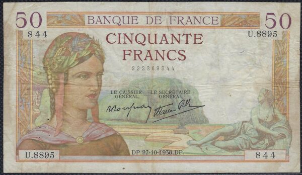 FRANCE 50 FRANCS CERES 27-10-1938 U.8895 TB+