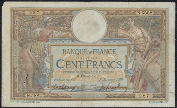 FRANCE 100 FRANCS MERSON SANS LOM 12-5-1919 N.5882 TB