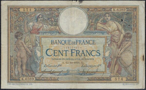 FRANCE 100 FRANCS MERSON SANS LOM 13-10-1919 K.6389 TB