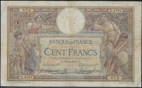 FRANCE 100 FRANCS MERSON SANS LOM 19-6-1918 X.4791 TB+