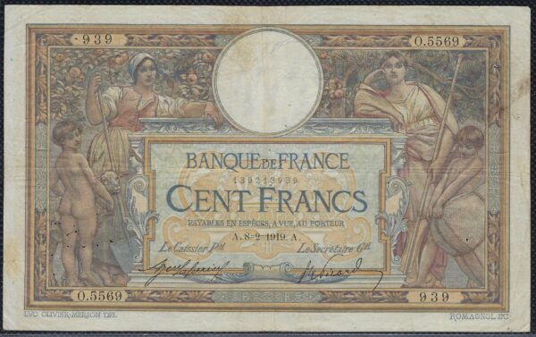 FRANCE 100 FRANCS MERSON SANS LOM 8-2-1919 O.5569 TB+