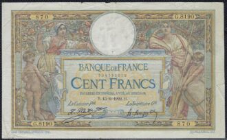FRANCE 100 FRANCS MERSON SANS LOM 15-6-1922 G.8190 TB+