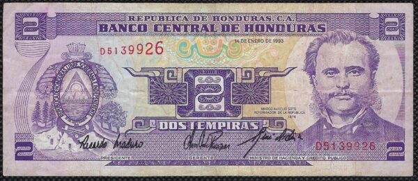 HONDURAS 2 LEMPIRAS 14-1-1993 SERIE D TTB (W72a)