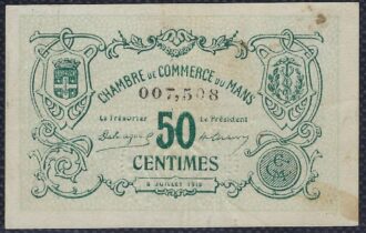 50 CENTIMES CHAMBRE DE COMMERCE DU MANS 1915 1ere SERIE TTB