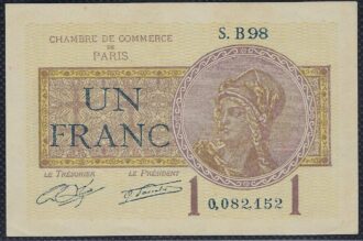 1 FRANC CHAMBRE DE COMMERCE DE PARIS 1920 B98 1er Type SPL