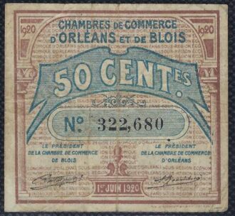 CHAMBRES DE COMMERCE D'ORLEANS ET DE BLOIS 50 CENTIMES 1920 TB