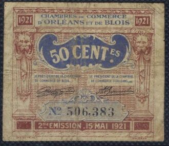 CHAMBRES DE COMMERCE D'ORLEANS ET DE BLOIS 50 CENTIMES 1921 2ème EMISSION